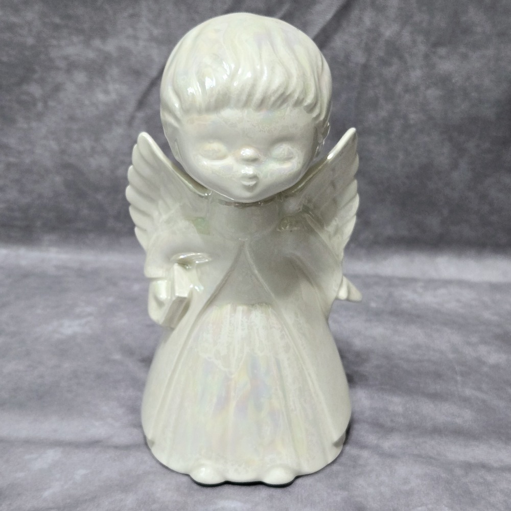 Ceramic Kissing Angel Boy Figurine 8" Iridescent Glaze Vintage 1980s